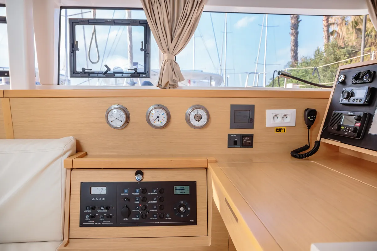 Cockpit of Adorable, a Lagoon 400 S2 catamaran at Tonnarella, Italy