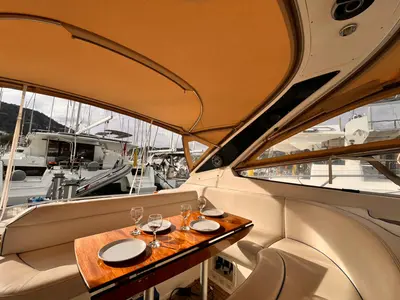 Deck of Bavaria 37 Sport, a motor yacht at Fethiye, Turkey