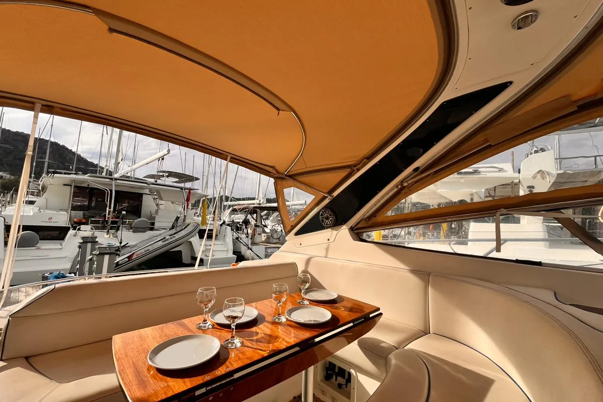 Deck of Bavaria 37 Sport, a motor yacht at Fethiye, Turkey