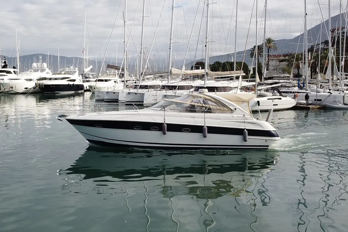Exterior view of Bavaria 37 Sport, a motor yacht at Fethiye, Turkey