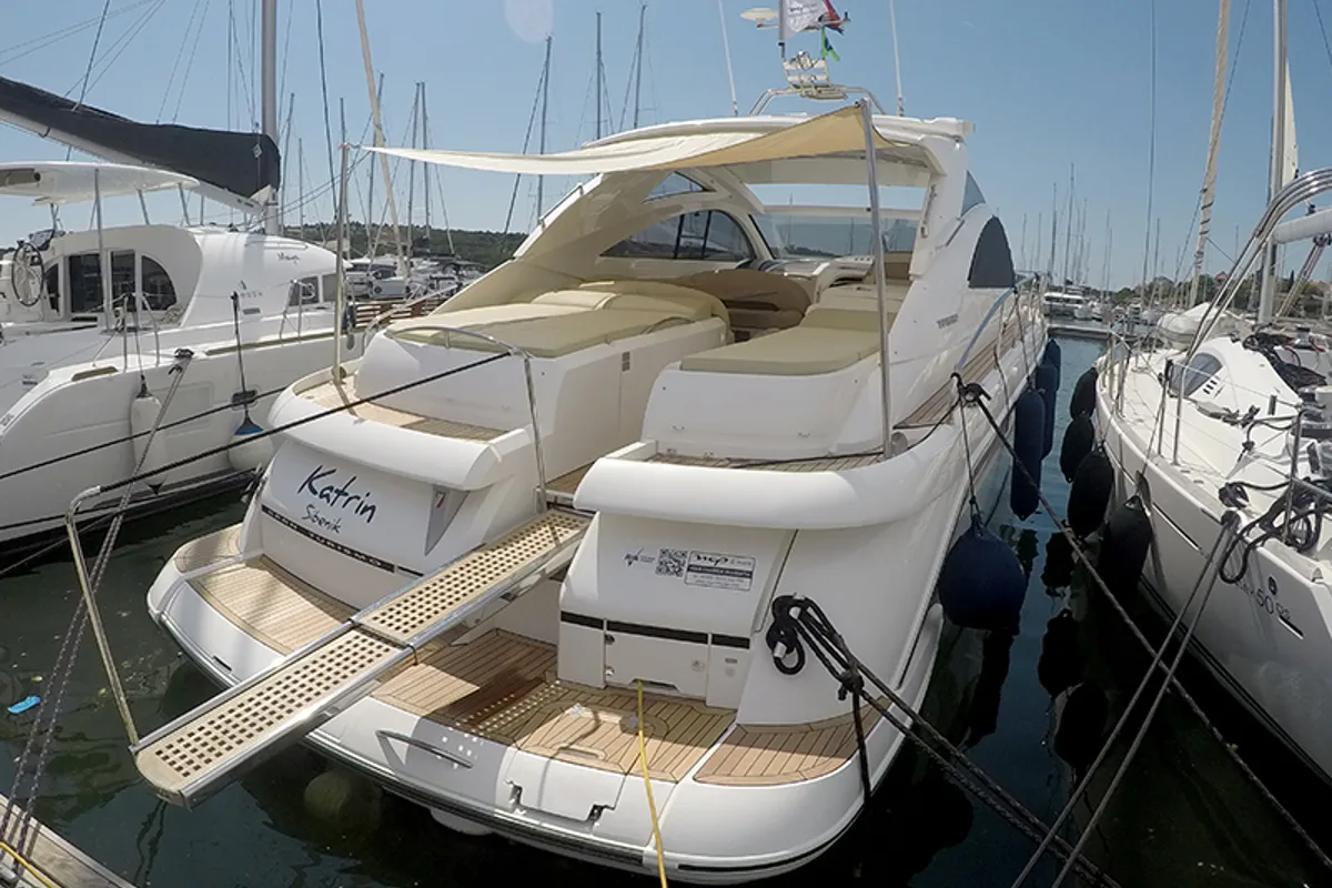 Exterior view of Katrin, a Fairline Targa 52 GT motor yacht at Grad Šibenik, Croatia