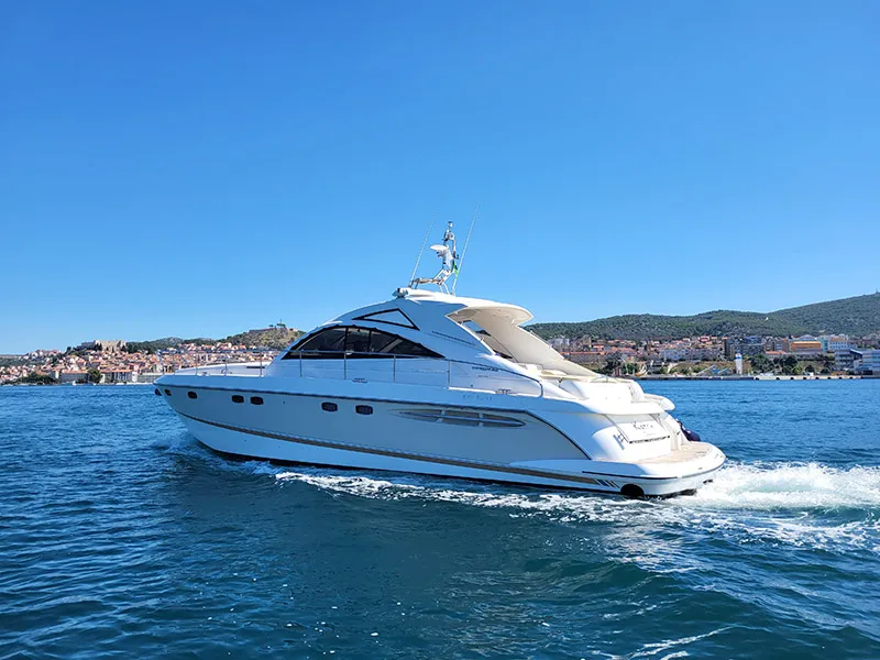 Exterior view of Katrin, a Fairline Targa 52 GT motor yacht at Grad Šibenik, Croatia
