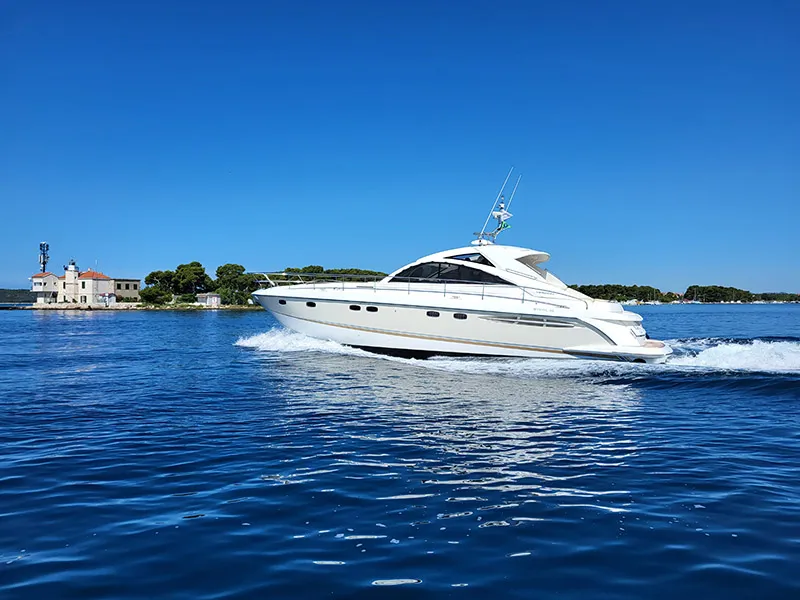 Exterior view of Katrin, a Fairline Targa 52 GT motor yacht at Grad Šibenik, Croatia