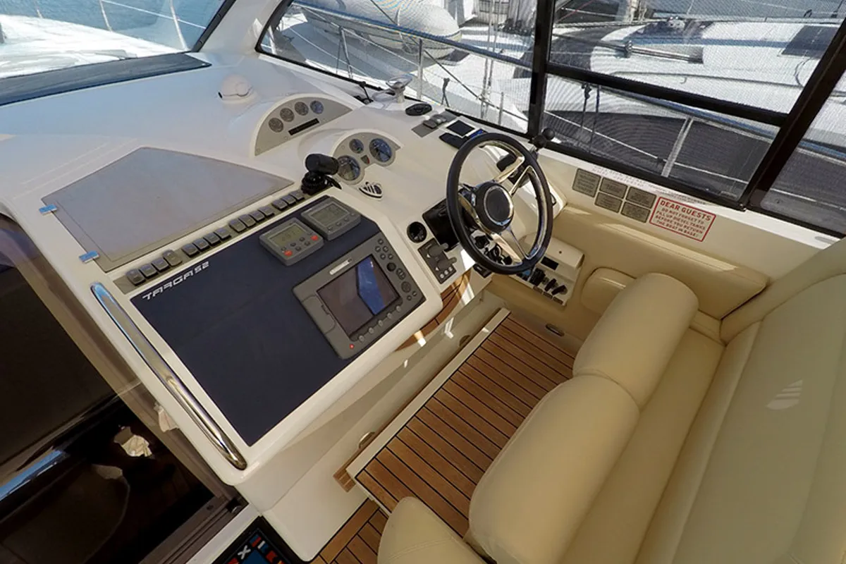 Cockpit of Katrin, a Fairline Targa 52 GT motor yacht at Grad Šibenik, Croatia