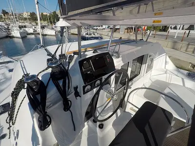 Cockpit of Grey Pearl, a Lagoon 380 catamaran at Grad Šibenik, Croatia