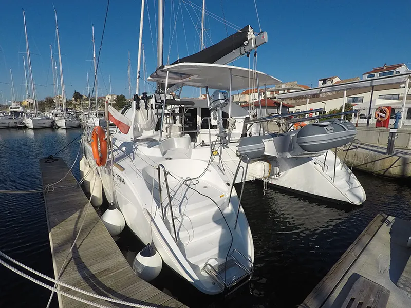 Exterior view of Grey Pearl, a Lagoon 380 catamaran at Grad Šibenik, Croatia