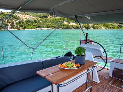 Cockpit of Quantum Wave, a Hanse 508 sailboat at Preveza, Greece