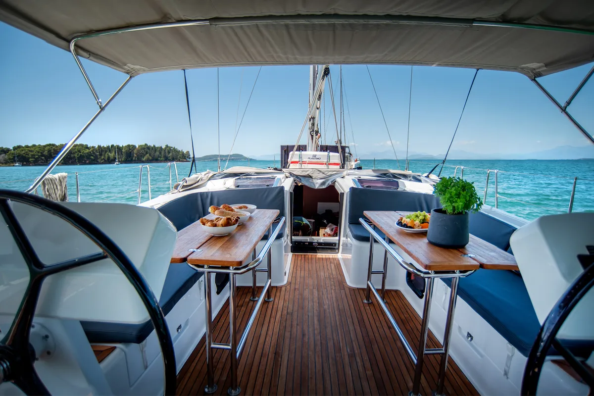 Cockpit of Quantum Wave, a Hanse 508 sailboat at Preveza, Greece