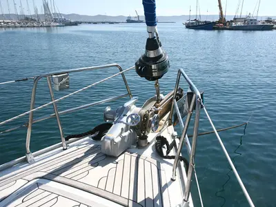 Deck of Apollon, a Bavaria 55 Cruiser sailboat at Lavreotiki, Greece