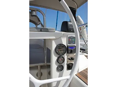 Cockpit of Apollon, a Bavaria 55 Cruiser sailboat at Lavreotiki, Greece