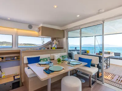 Salon of Serenity, a Lagoon 43 catamaran at Kranidi, Greece