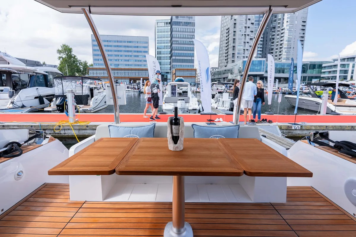 Deck of Supernova, a Sessa F48 motor yacht at Općina Sukošan, Croatia