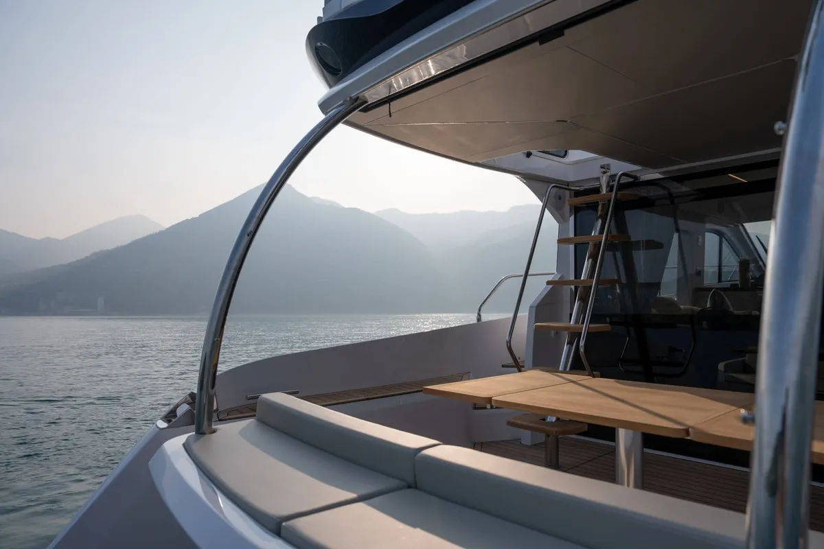 Deck of Supernova, a Sessa F48 motor yacht at Općina Sukošan, Croatia