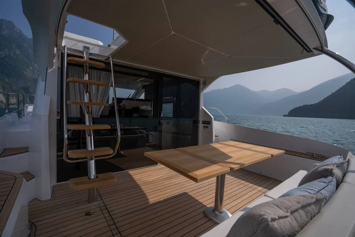 Deck of Supernova, a Sessa F48 motor yacht at Općina Sukošan, Croatia