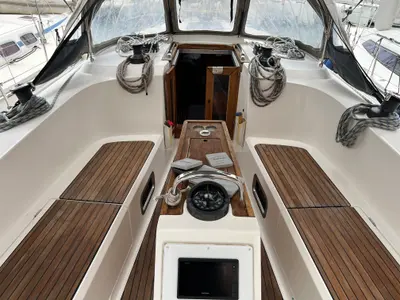 Cockpit of NIREUS, a Bavaria 41 Cruiser sailboat at Municipal Unit of Lefkada, Greece