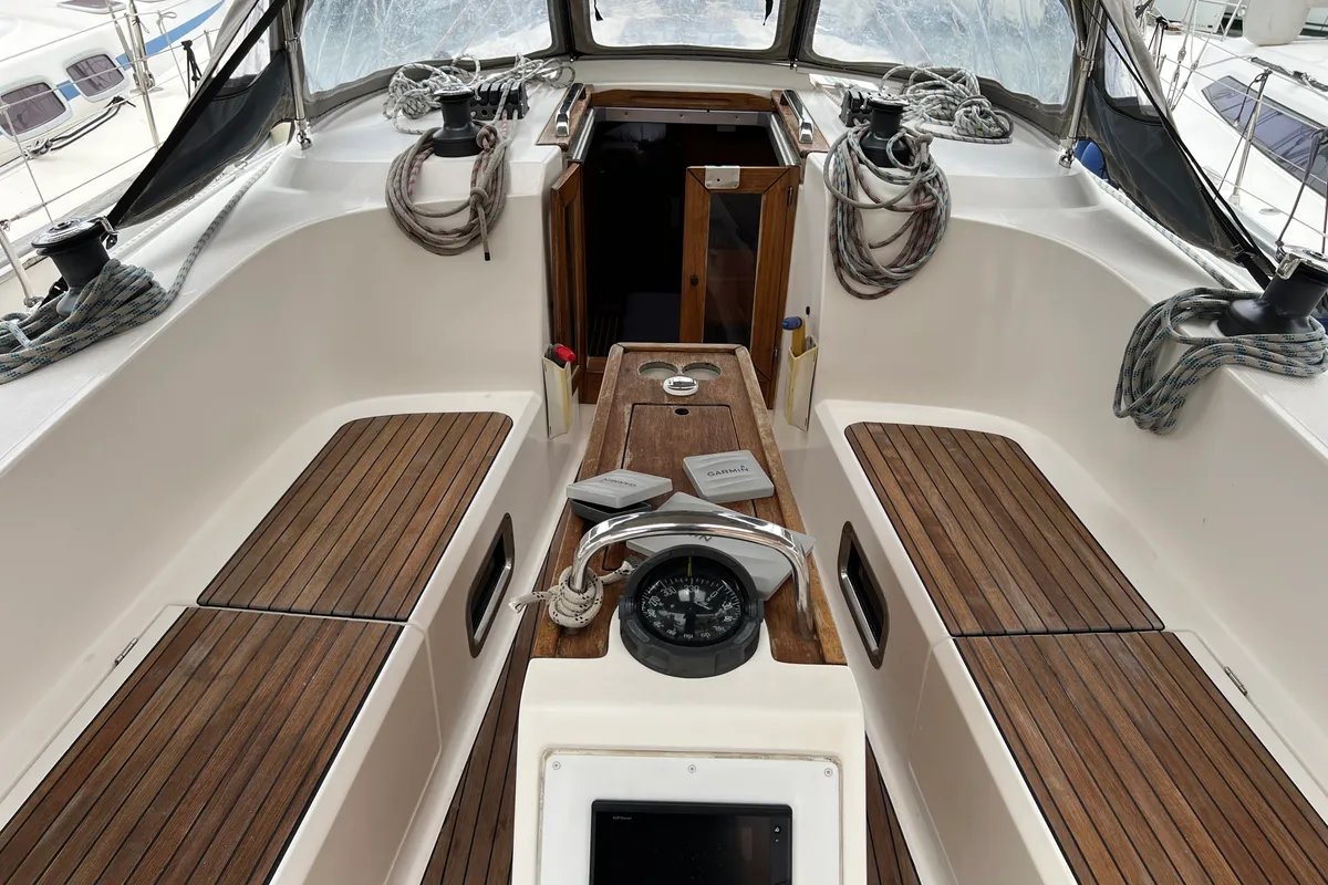 Cockpit of NIREUS, a Bavaria 41 Cruiser sailboat at Municipal Unit of Lefkada, Greece