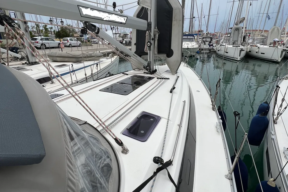 Deck of NIREUS, a Bavaria 41 Cruiser sailboat at Municipal Unit of Lefkada, Greece