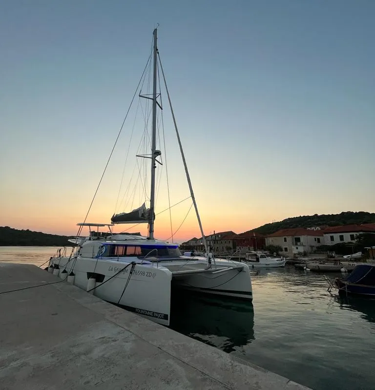 Exterior view of La Grange, a Fountaine Pajot Elba 45 catamaran at Zadar, Croatia