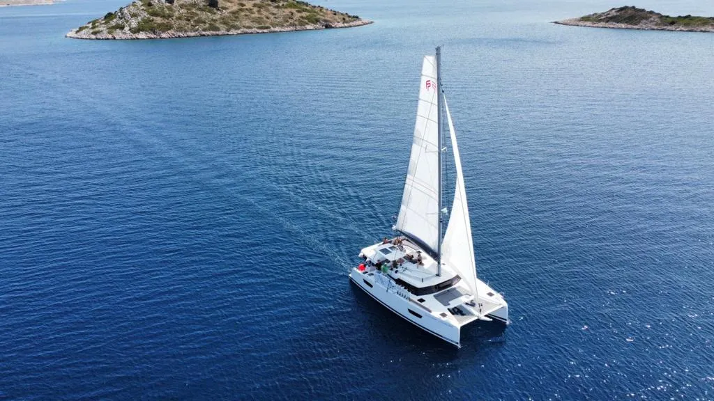 Exterior view of La Grange, a Fountaine Pajot Elba 45 catamaran at Zadar, Croatia