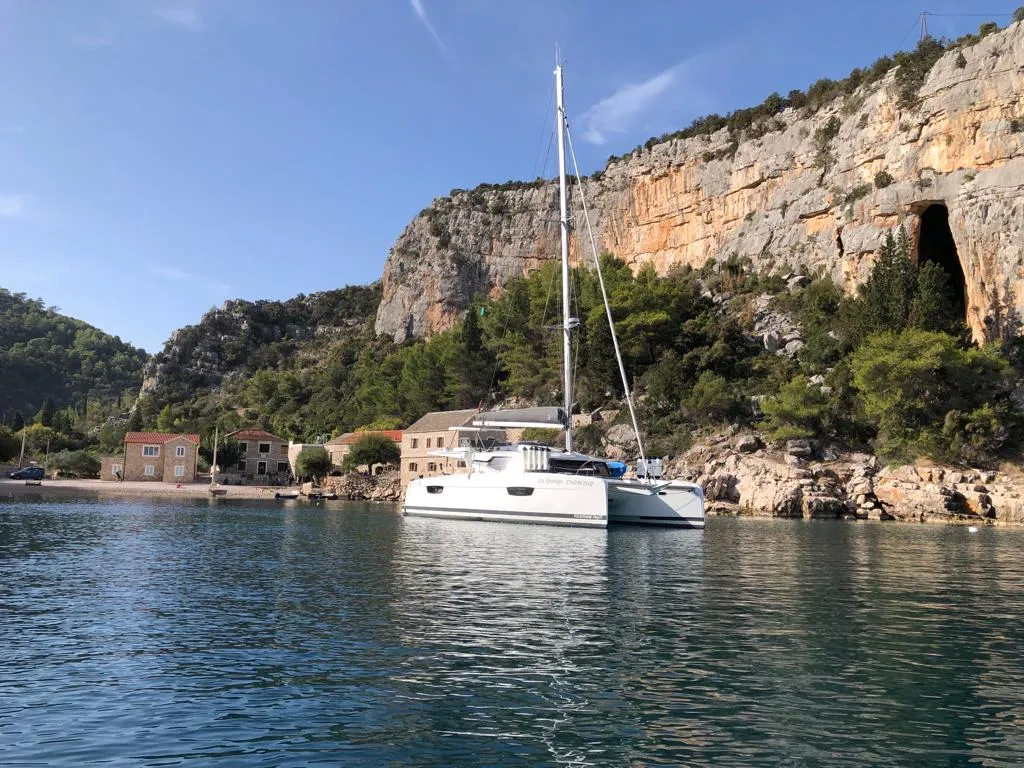 Exterior view of La Grange, a Fountaine Pajot Elba 45 catamaran at Zadar, Croatia