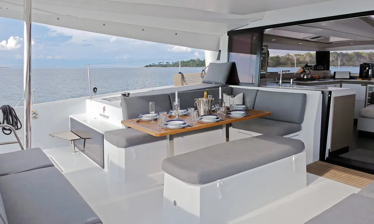 Deck of La Grange, a Fountaine Pajot Elba 45 catamaran at Zadar, Croatia