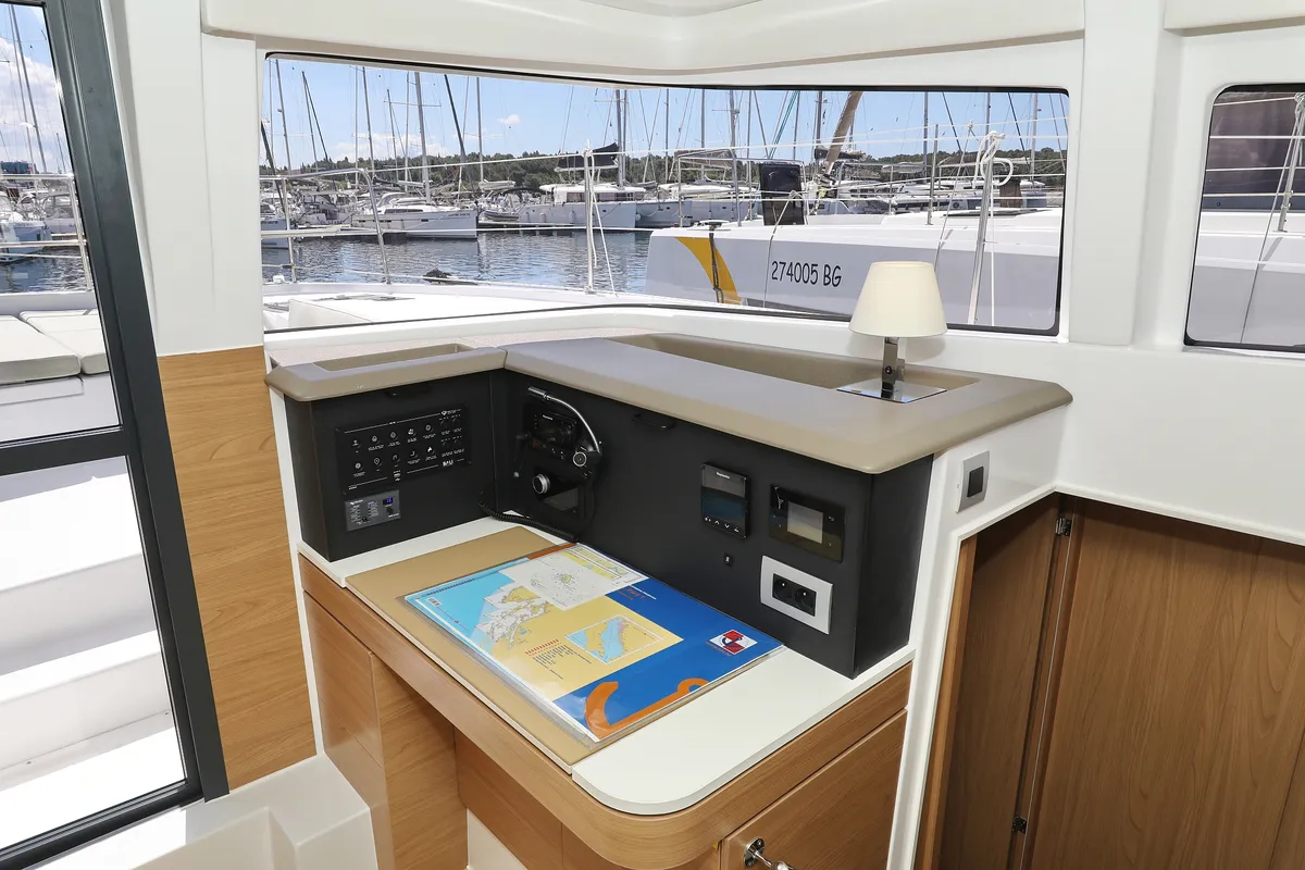 Cockpit of Kamla, a Bali 4.2 catamaran at Grad Biograd na Moru, Croatia