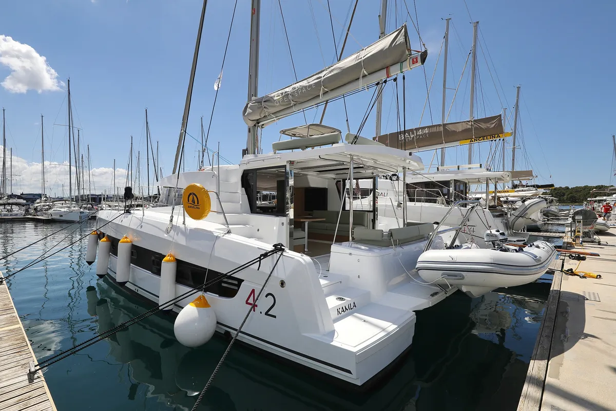 Exterior view of Kamla, a Bali 4.2 catamaran at Grad Biograd na Moru, Croatia