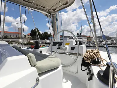 Cockpit of Kamla, a Bali 4.2 catamaran at Grad Biograd na Moru, Croatia