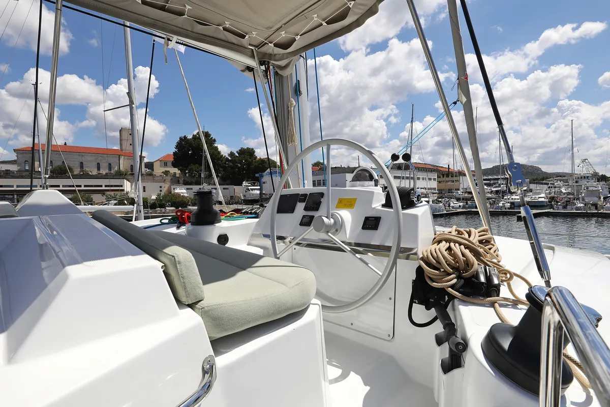 Cockpit of Kamla, a Bali 4.2 catamaran at Grad Biograd na Moru, Croatia