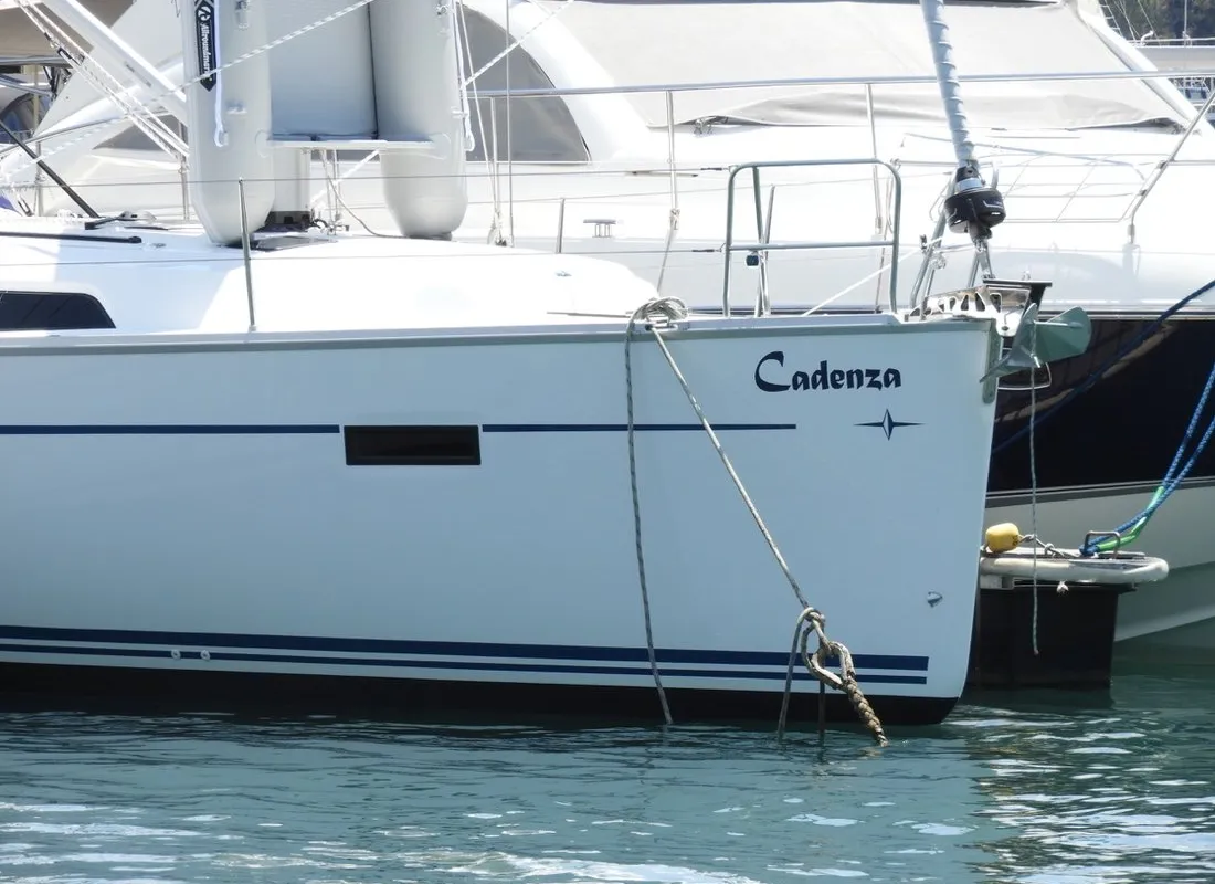 Exterior view of Cadenza, a Bavaria Cruiser 41 sailboat at Fethiye, Turkey