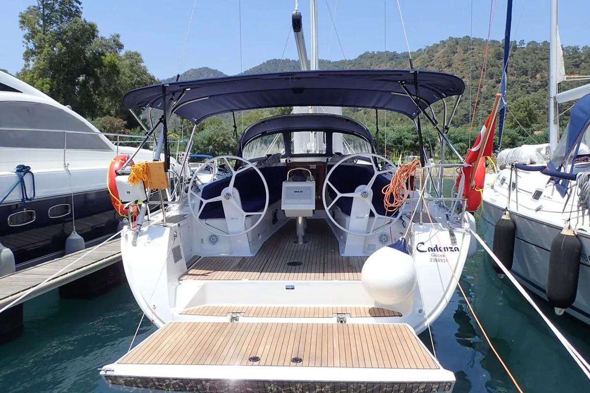 Cockpit of Cadenza, a Bavaria Cruiser 41 sailboat at Fethiye, Turkey