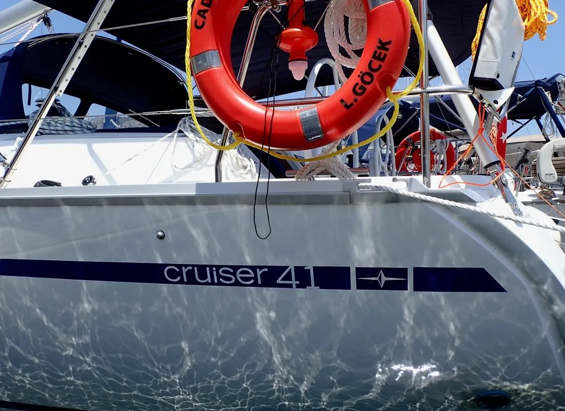 Exterior view of Cadenza, a Bavaria Cruiser 41 sailboat at Fethiye, Turkey