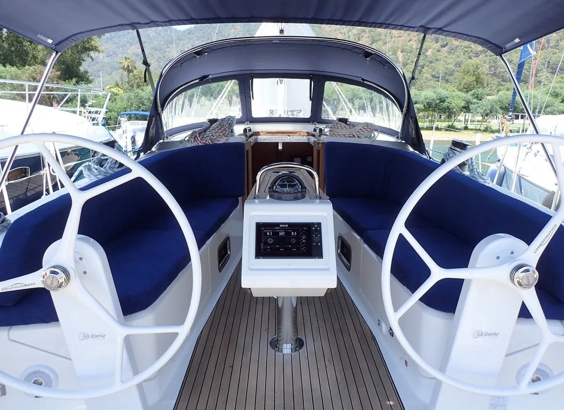 Cockpit of Cadenza, a Bavaria Cruiser 41 sailboat at Fethiye, Turkey