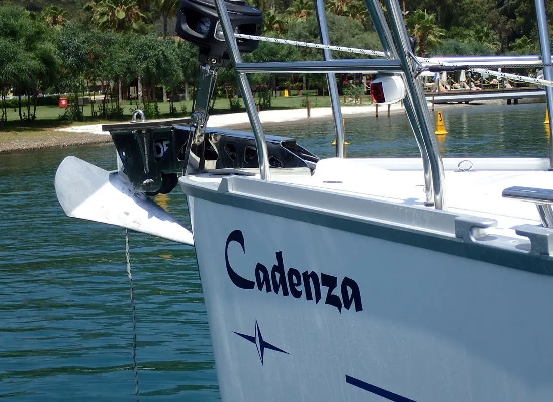 Exterior view of Cadenza, a Bavaria Cruiser 41 sailboat at Fethiye, Turkey
