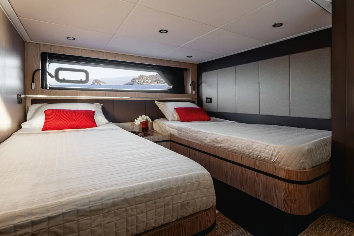 Cabin on Don't Tell Mama, a Azimut Atlantis 45 motorboat at Castellammare di Stabia, Italy
