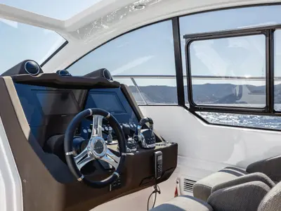 Cockpit of Don't Tell Mama, a Azimut Atlantis 45 motorboat at Castellammare di Stabia, Italy