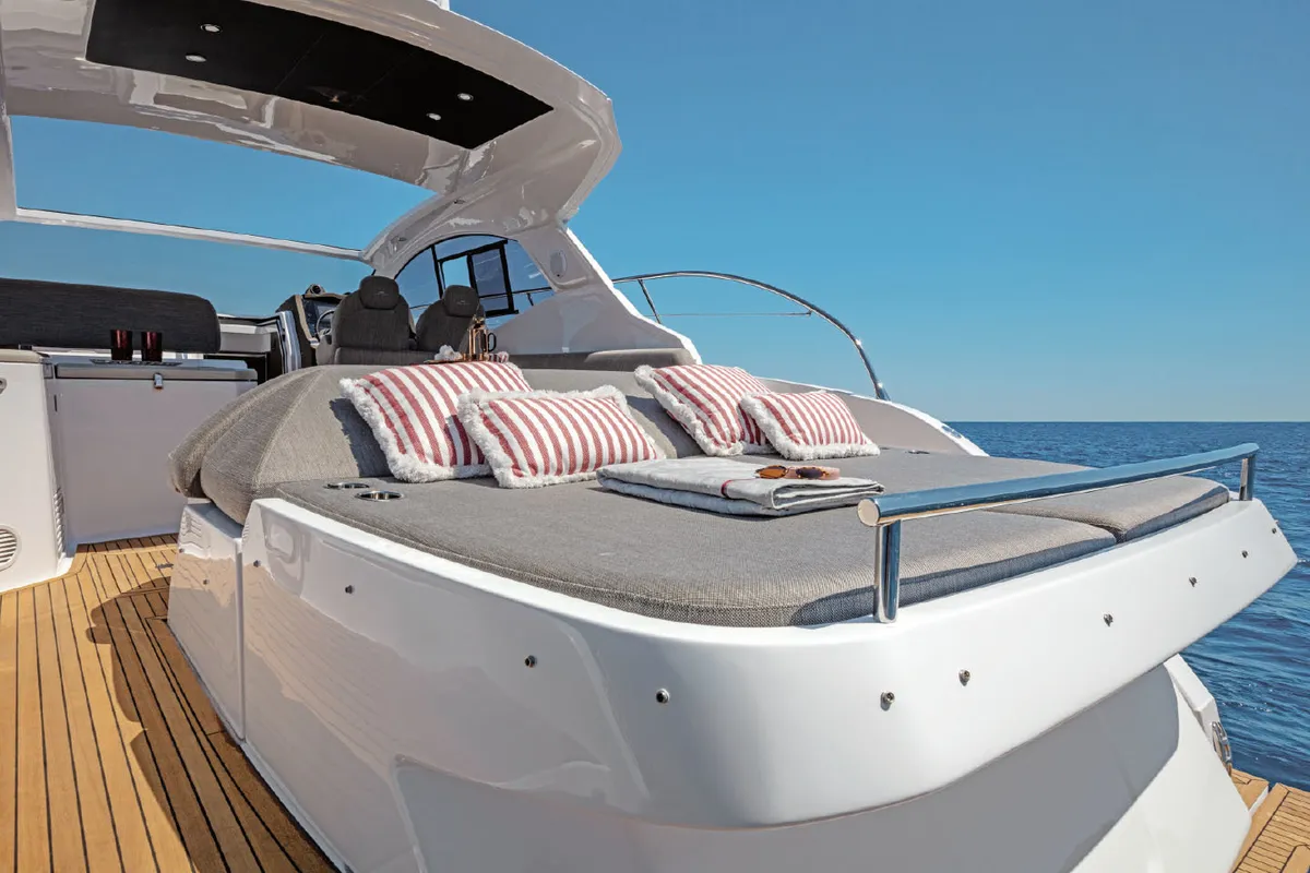 Deck of Don't Tell Mama, a Azimut Atlantis 45 motorboat at Castellammare di Stabia, Italy