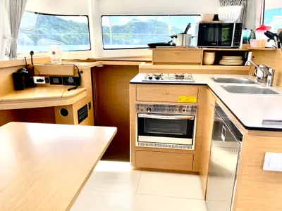 Galley of Olokum Mallorca Crewed, a Excess 11 catamaran at Port d'Andratx, Spain