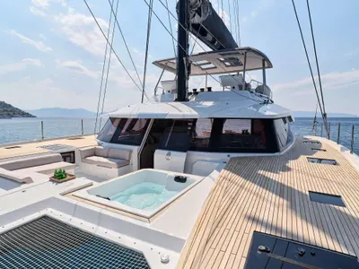 Deck of Alexandra II, a Fountaine Pajot Alegria 67 catamaran at Athens, Marina Delta Kallithea, Greece