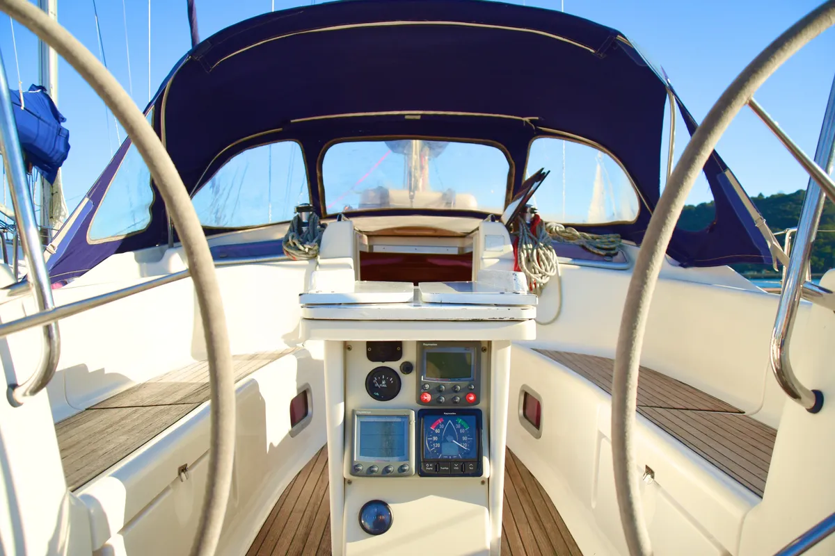 Cockpit of La Vagabonda, a Bavaria Cruiser 50 sailboat at La Spezia, Italy