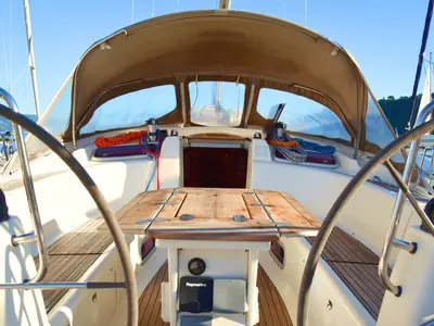 Cockpit of La Vagabonda, a Bavaria Cruiser 50 sailboat at La Spezia, Italy