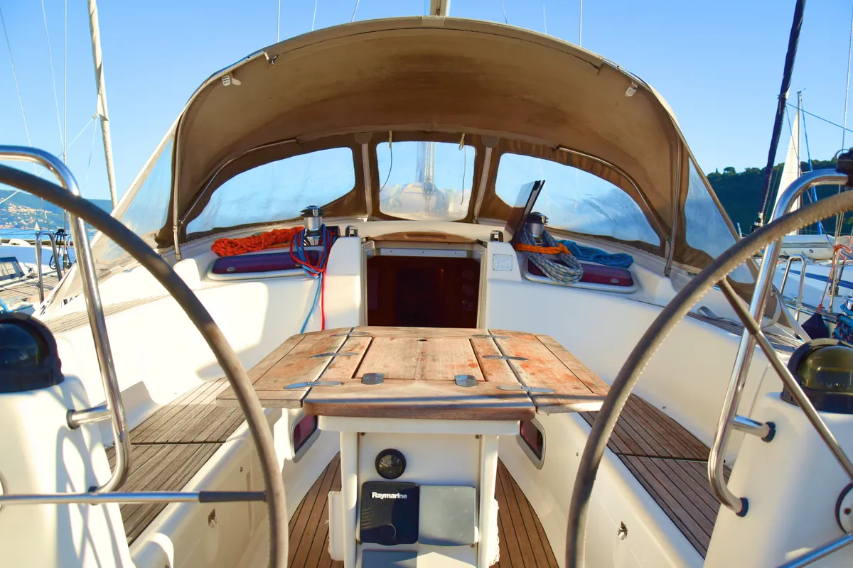Cockpit of La Vagabonda, a Bavaria Cruiser 50 sailboat at La Spezia, Italy