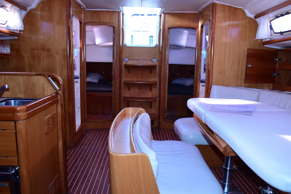 Salon of La Vagabonda, a Bavaria Cruiser 50 sailboat at La Spezia, Italy
