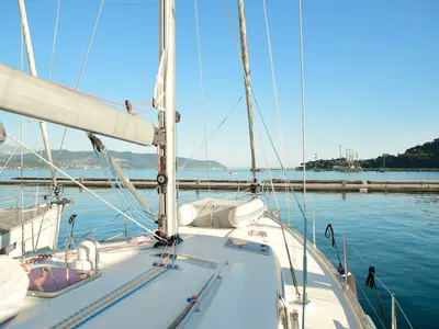 Deck of La Vagabonda, a Bavaria Cruiser 50 sailboat at La Spezia, Italy