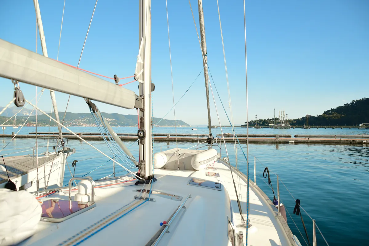 Deck of La Vagabonda, a Bavaria Cruiser 50 sailboat at La Spezia, Italy