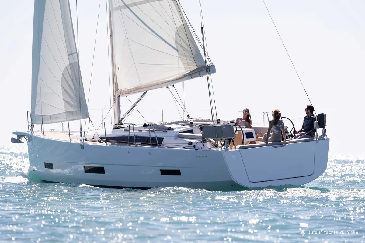 Exterior view of Martini, a Dufour 390 Grand Large sailboat at Athens, Greece