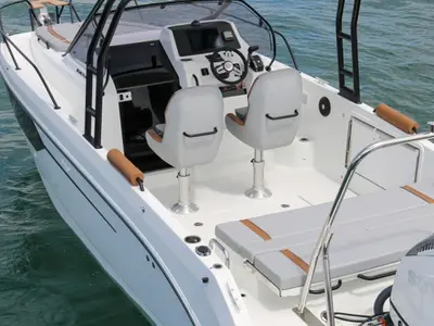 Deck of Beneteau Flyer 8 SUNdeck, a motorboat at Punat, Croatia