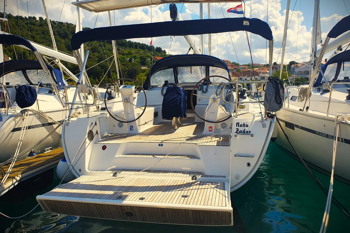 Exterior view of Nabu, a Bavaria Cruiser 46 sailboat at Općina Pakoštane, Croatia