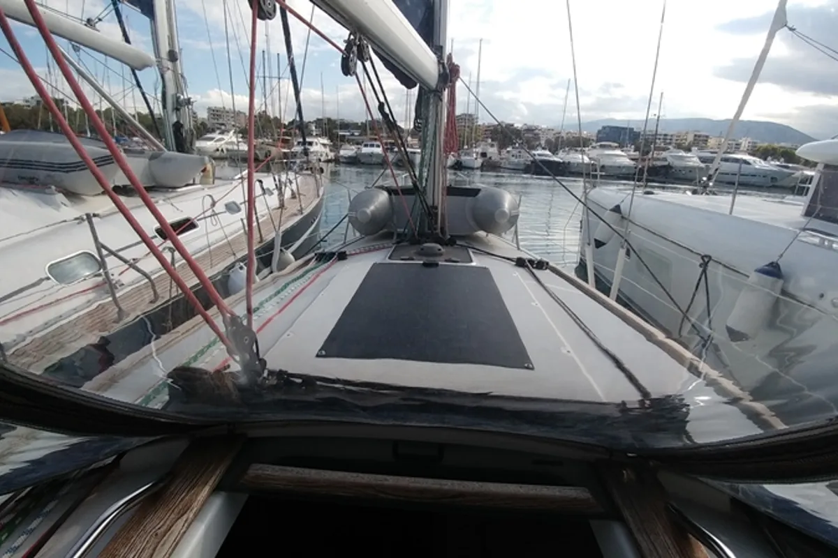 Deck of Catrina, a Jeanneau Sun Odyssey 36i sailboat at Municipal Unit of Elefsina, Greece