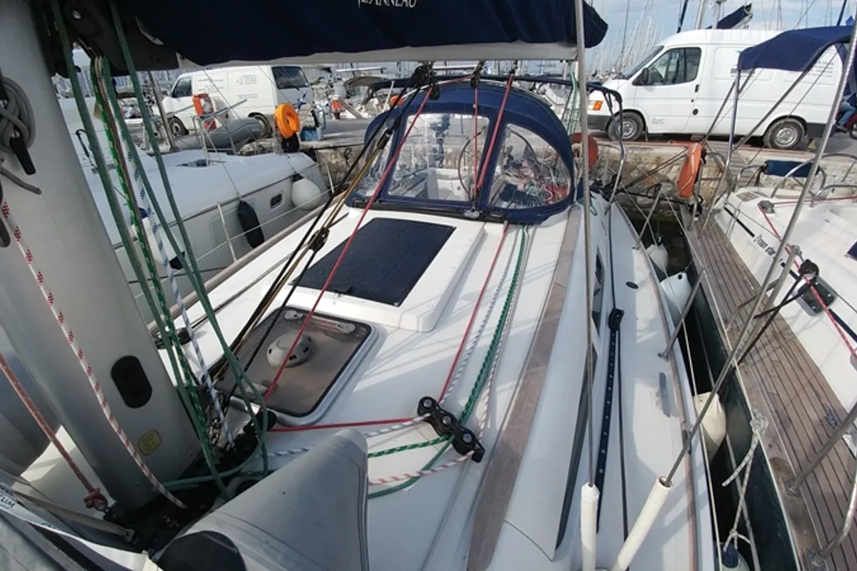 Deck of Catrina, a Jeanneau Sun Odyssey 36i sailboat at Municipal Unit of Elefsina, Greece